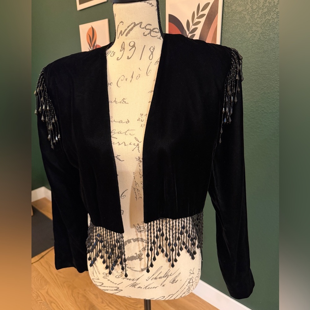 Vintage ALEX EVENINGS L Jacket Cropped Velvet Beaded Fringe Trim Unique Elegant